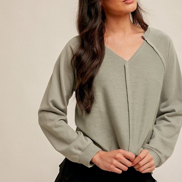 HEM & THREAD Sage Green Raw-Edge V-Neck Long Sleeve Top | Casual Relaxed Fit - Picture 1 of 4